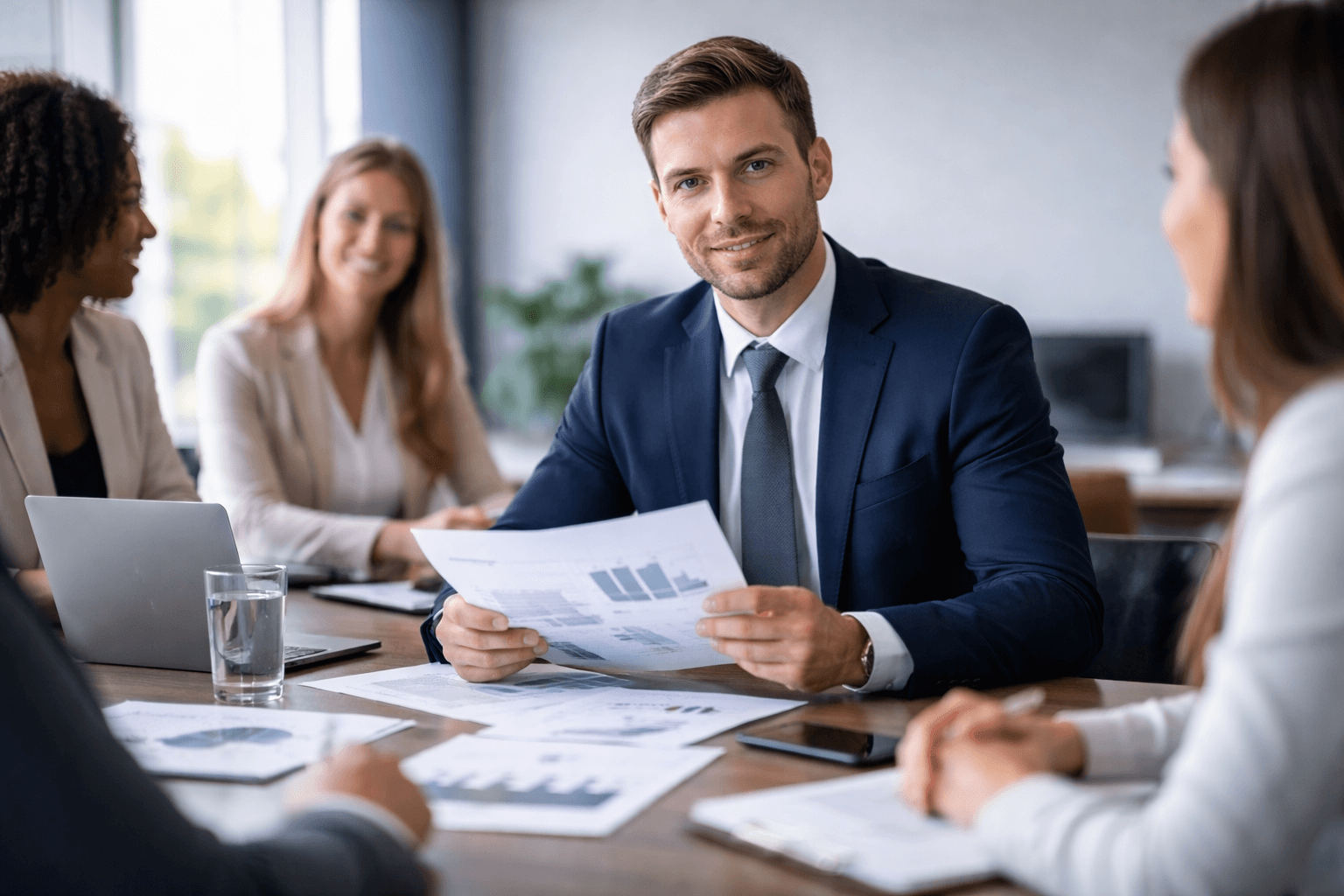 Equipo profesional en reunión estratégica